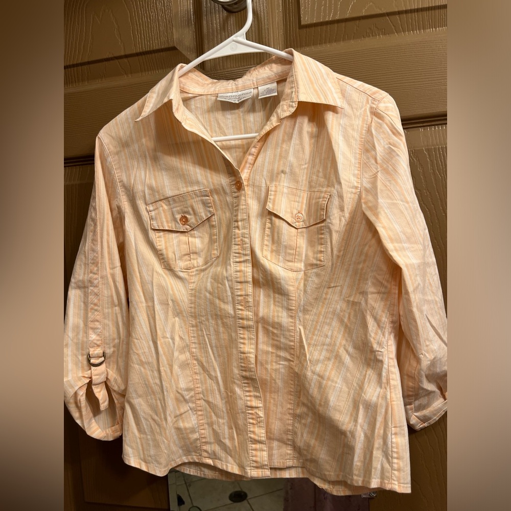 Washington petite stretch Peach Striped button up Blouse